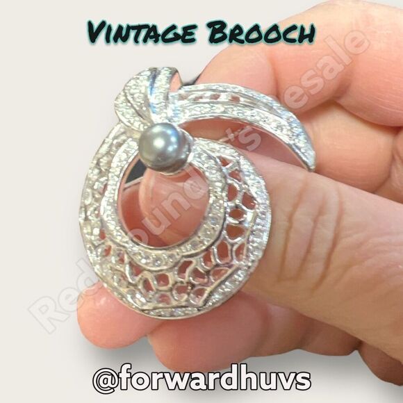 Bundle Sale 3 for $15 | Vintage Silver Tone Metal Brooch | Rhinestone - Faux Pea - Picture 7 of 8